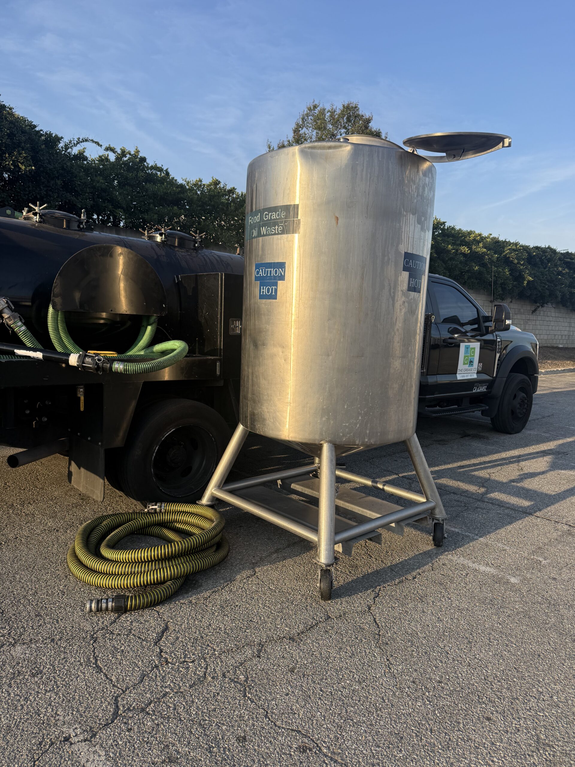 Restaurant cooking oil container ready for professional LA pickup and responsible recycling.